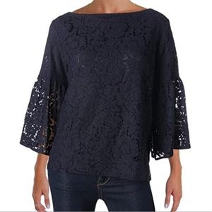 Lauren NAVY Lace Boat Neck Blouse with Bell Sleeve, Size PL, Body Lined
